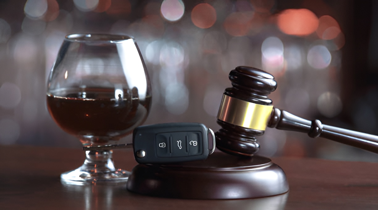 glass of alcohol, car keys, and gavel